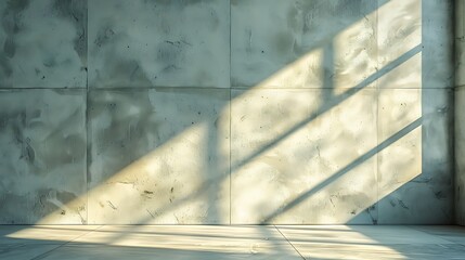 Sunlight streaming through a window casting geometric shadows on a concrete wall