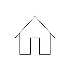 A simple line drawing of a house with a pointed roof and a rectangular door in the center front view is shown