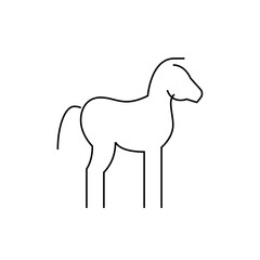 A simple line drawing of a horse standing still with a curved tail and straight legs in black and white