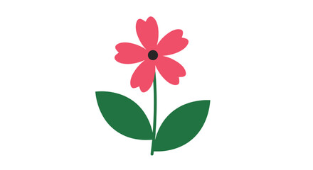 A very simple and charming flat illustration of a single pink flower with six petals a black center and two green leaves.