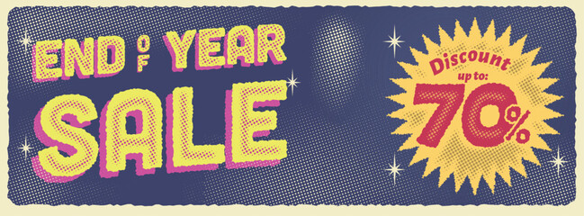 end of year sale banner template. distressed  vintage style with star and blue night sky. promotional sale banner template vector illustration