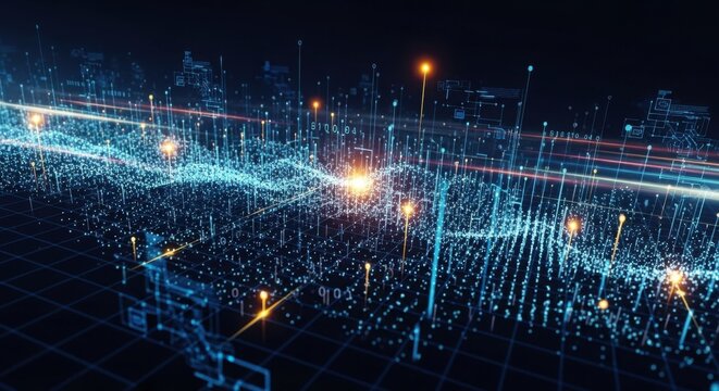 Futuristic digital city with glowing data streams and network infrastructure - Powered by Adobe