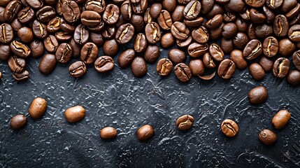 Rich roasted coffee beans scattered on a dark textured surface