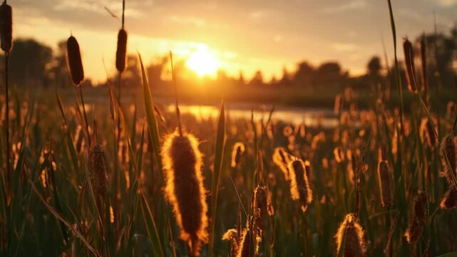 Golden Hour Sunlight Through Cattails Field with Lush Green Foliage and Silhouetted Trees Against a Bright Sky Landscape Featuring Wetland Vegetation