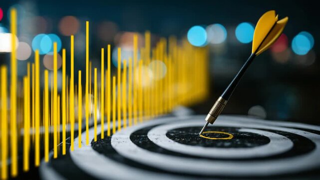 Perfectly centered arrow piercing the bullseye, target in crisp focus, yellow bars in the background blurred for depth-of-field effect, dramatic contrast enhancing the shot