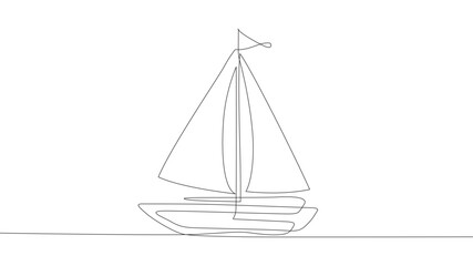 Single one-line drawing little sailing ship, boat, sailboat, flat style. Icon or symbol of a toy boat, asailing ship, sailboat with white sails. Continuous line draw design graphic vector illustration