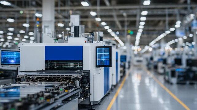 Rare earth powders turning into microchips on a cleanroom assembly line, lasers and robotic arms in motion, holographic displays showing national technological advantage