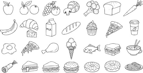 Food and Drink Icons Collection - Black and White Hand Drawn Line Art Sketch Set of Groceries, Meals, and Restaurant Items. Outline illustrations for menu, nutrition, and cooking.