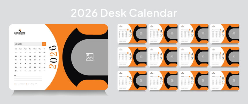 	
Customizable desk calendar 2026 template, corporate desk calendar schedule 2026 monthly 12-page planner layout, editable vector eps 10 file format
