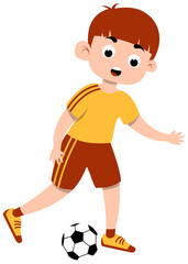 Orange shirt kid positioning foot for inside pass, step 2 soccer illustration. Editable Color Vector