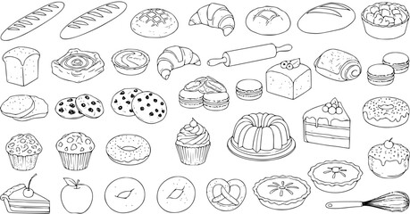 Black and White Hand-Drawn Line Art Set of Bakery Products and Baking Tools. Outline Collection of Bread, Pastries, Desserts, and Sweets for Food Industry and Recipe Design