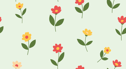 A charming and simple seamless pattern of hand-drawn red and yellow flowers with green leaves on a pale green background.