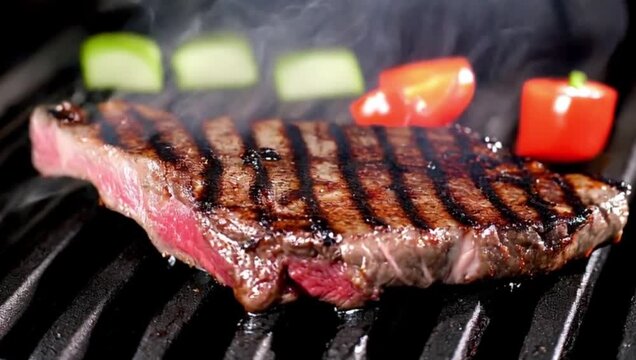 Juicy steak with grill marks sizzling on barbecue &mdash; atmosphere of appetizing barbecue, gastronomic tension, and street food delight.