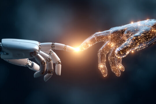 Artificial intelligence empowers digital transformation with robot hand connecting to futuristic network, heralding innovation in technology and business solutions