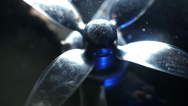 Captivating Close-Up of a Quadcopter Propeller Assembly in Motion, Shot from Inside a Dust-Coated Glass Jar with Stunning Detail and Elegance