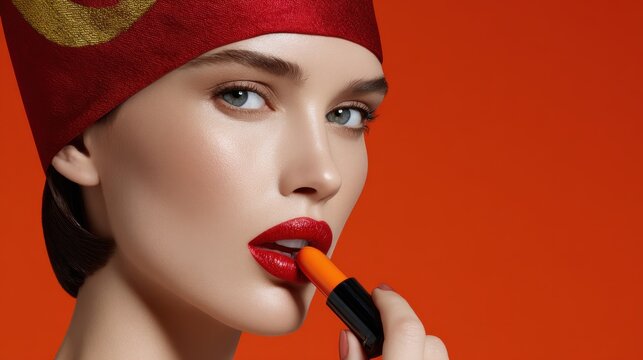 Vibrant lip makeup application by model studio setting fashion photography bold colors