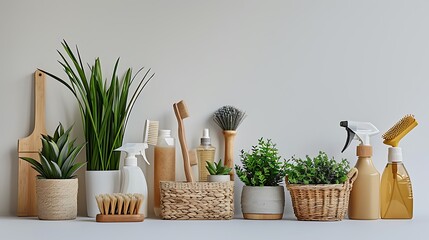 Eco friendly cleaning supplies and plants on a shelf