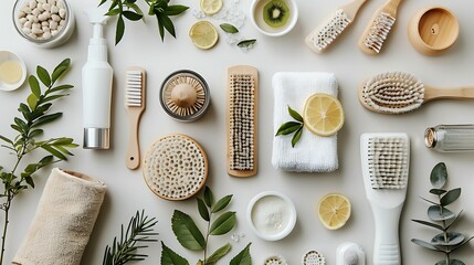 Natural skincare and beauty products arranged with fresh green leaves and lemon slices