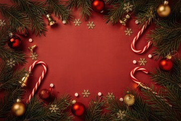 Merry Christmas and happy New Year background Festive holiday decor with red backdrop and winter ornaments.