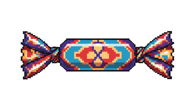 A colorful pixel art illustration of a single piece of wrapped hard candy with a vibrant and intricate patterned wrapper.