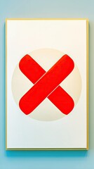Red X Mark on Canvas, Framed Against Blue Wall