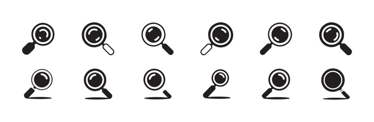 Set of black and white magnifying glass icons illustrating various search and zoom functionalities for user interfaces