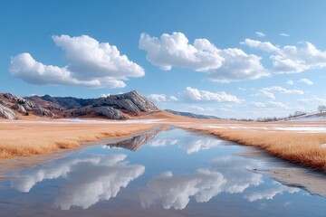 Reflecting Clouds and Landscape on Calm Water