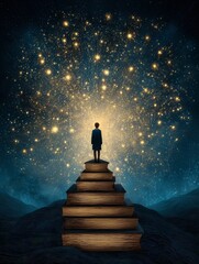 Lone traveler's silhouette on stairway to stars cosmic light pyramid structure spiritual journey astral energy