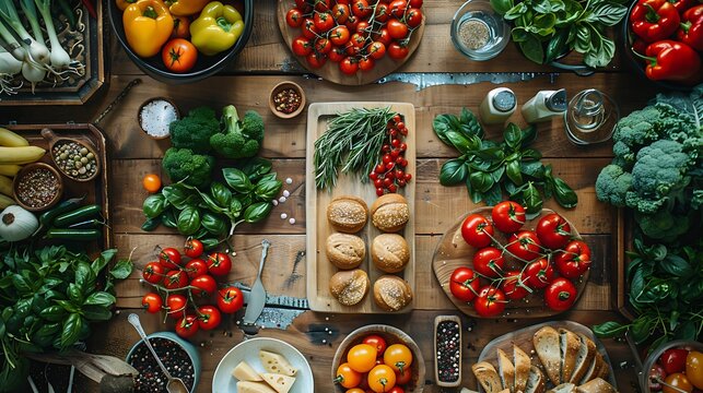 Abundant assortment of fresh vegetables and fruits arranged on a rustic wooden table