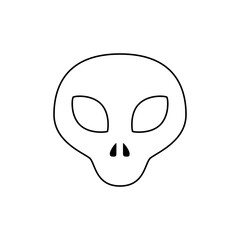 Illustration of a simplified alien head with large oval eyes and a small nose outline in black color