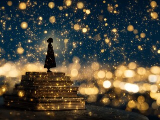 Lone traveler's spiritual journey to cosmic light pyramid structure stairway to stars astral energy silhouette in night