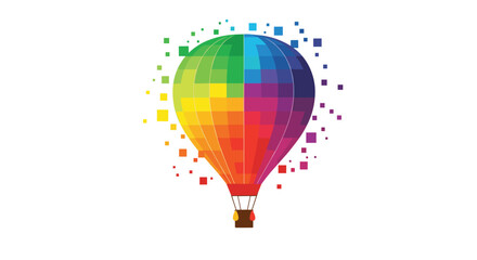 A creative and colorful hot air balloon made of rainbow-colored pixels or squares dissolving into the air on a white background.