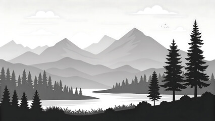 Gray scale mountain landscape with lake and trees