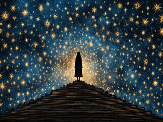 Lone traveler's spiritual journey stairway to stars pyramid structure cosmic light astral energy silhouette