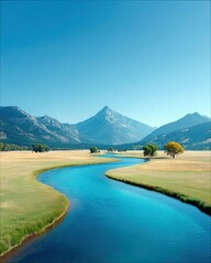 River flowing through meadow and mountains under a clear blue sky
