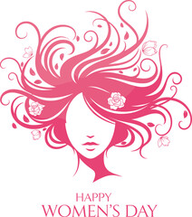 Women’s Day floral swirl illustration—vector of feminine profile with roses, tulips, swirling hair, and greeting text