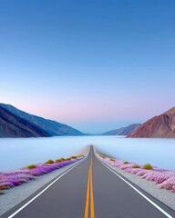 Road Leading Through Foggy Landscape at Sunrise