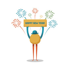 Quirky Egg-Shaped Character Celebrating New Year with Fireworks and Banner