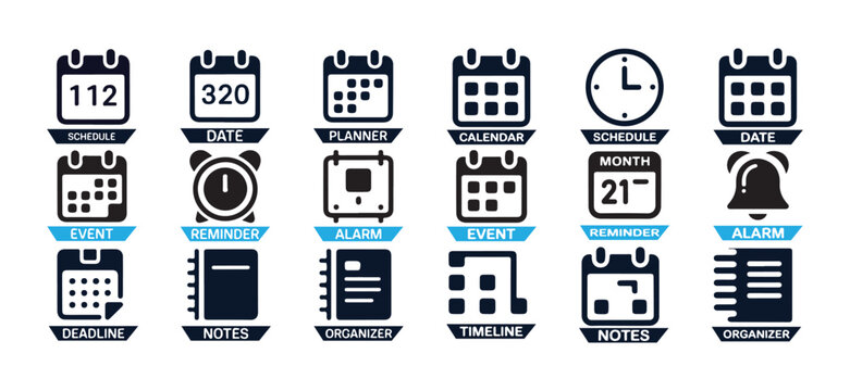 Set of scheduling and time management icons such as calendar clock reminder alarm