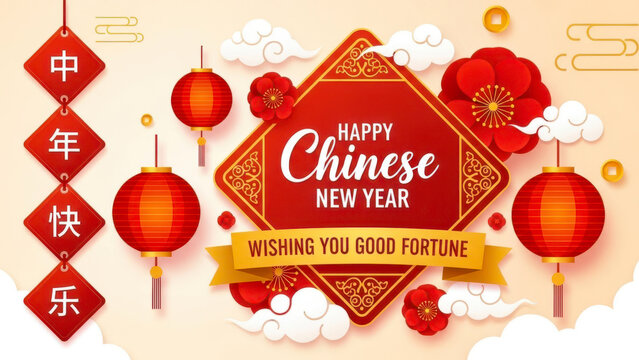 Festive chinese new year greeting with red lanterns flowers and traditional decorations celebrating good fortune