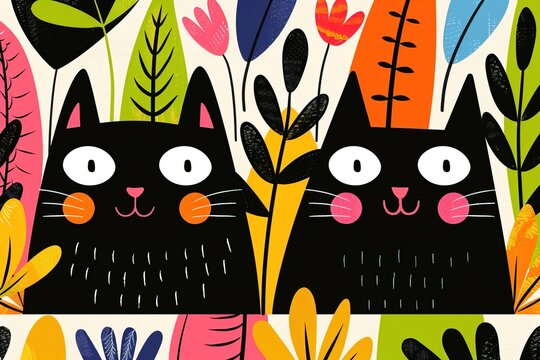 Two cartoon cats sit among colorful flowers and leaves in a playful setting with bright colors showing a lively atmosphere