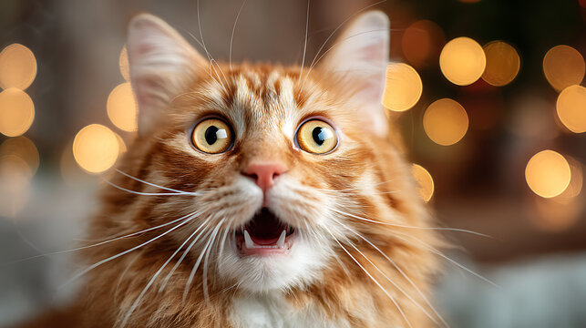 Ginger feline with wide eyes and open mouth animal