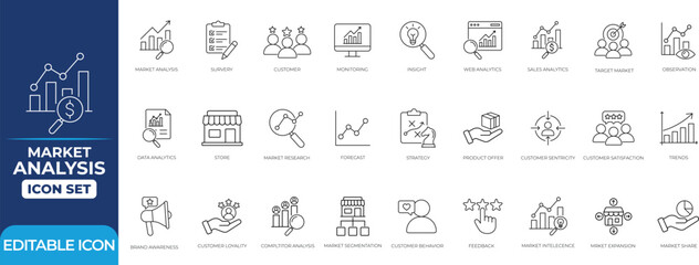 Market analysis line icon set featuring data trends, charts, strategy, planning, evaluation, feedback, financial, goal, business insights, performance review, and financial evaluation symbols.