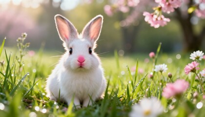 Easter bunny on green grass, cute and festive spring scene, perfect for Easter, holiday, seasonal, family, and lifestyle photography, illustration, or decoration projects.
