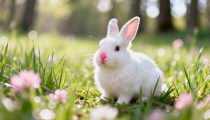 Easter bunny on green grass, cute and festive spring scene, perfect for Easter, holiday, seasonal, family, and lifestyle photography, illustration, or decoration projects.
