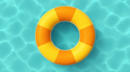 Bright colored life buoy floating on clear blue water, showing summer safety gear in swimming pool during midday