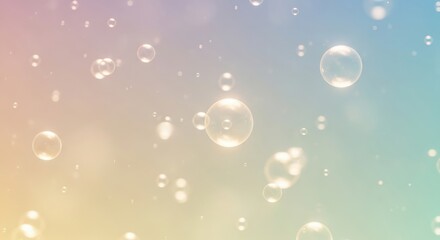 Floating clear soap bubbles on a soft pastel light background.