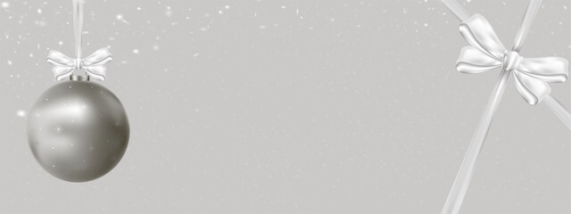 Elegant Christmas ornaments with sliver bow ribbon hanging on grey background with falling snow.Vector 3d for holiday greeting card,festive banner,winter sale ad,seasonal graphic designs