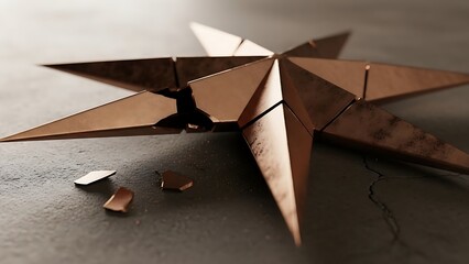 Close up of a broken copper star with eight points on a gray surface with pieces scattered around it