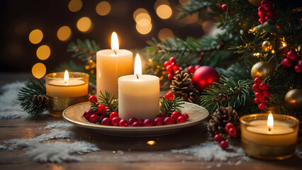 Christmas candles and decorations on a wooden table with festive lights